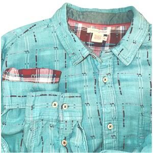 Carbon2Cobalt Men XL Cotton Button Shirt Long Sleeve Blue Check Red Plaid Lined